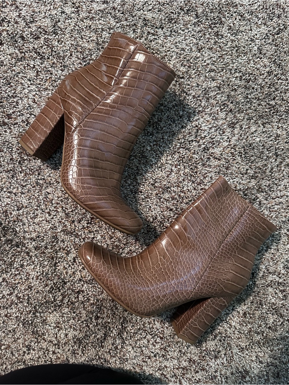 BAMBOO Brown Croc-Embossed Block Heel Ankle Boots